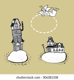 Set of cartoon buildings on clouds. Hand drawing illustration.