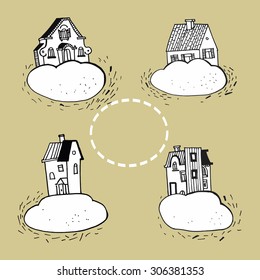 Set of cartoon buildings on clouds. Hand drawing illustration.