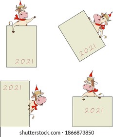 Set of cartoon bulls in Santa Claus hat with scroll. Comical calf cartoon character. Vector isolated on white. New year 2021 ox symbol. The male cow and bull wear red winter costume holding plates