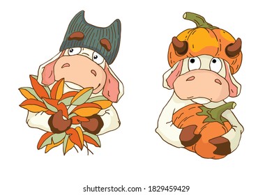 
Set of cartoon bulls. Vector illustration isolated on white background for holiday design in flat style.
