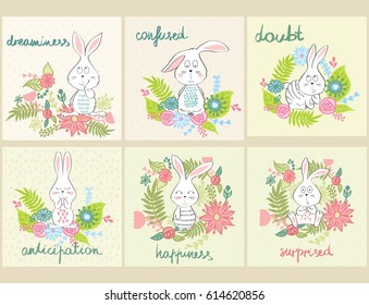 Set of cartoon bunny with various emotions.