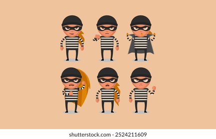 Set of cartoon burglars in different poses and actions