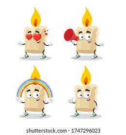 set of cartoon burning wax candle character mascot on white background
