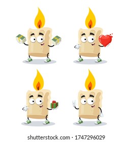 set of cartoon burning wax candle character mascot on white background