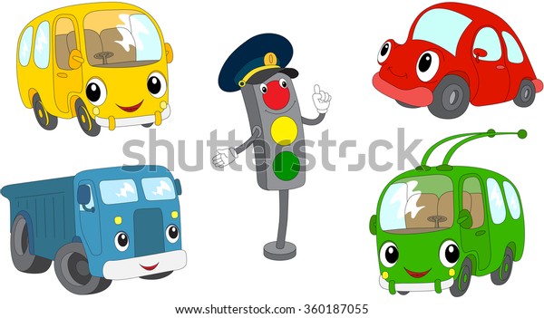 Set of cartoon bus, car, lorry, trolleybus\
and traffic lights. Vector\
illustration