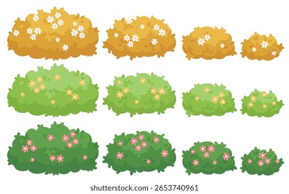 Conjunto de arbustos de desenhos animados em tons verdes e amarelos, decorados com flores pequenas bonitas. Perfeito para cenas da natureza, ativos do jogo, projetos do jardim, ilustrações das crianças, e projetos criativos.