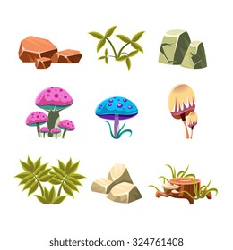Set of cartoon bushes, leaves and mushrooms, vector illustration collection