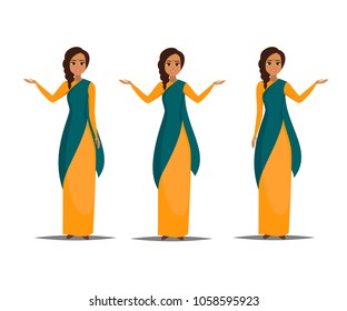 Set of Cartoon business indian woman character with present pose. Smiling girl pointing left and right. Young indian woman wearing saree. Vector illustration isolated from white background