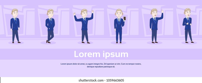 Set Of Cartoon Business Man In Elegant Suit In Different Poses Over Abstract Background With Copy Space