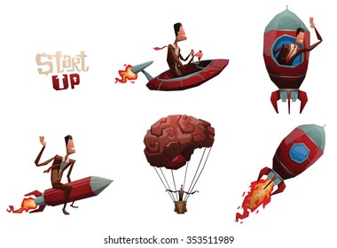 Set of cartoon business men who starting a start up. Someone do it on a rocket. Someone flying on a spaceship. Someone go up on a brain balloon. vector illustrations
