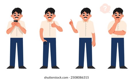 Set of cartoon businessman characters in various poses with mobile and gestures