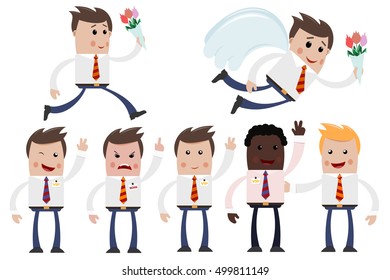 Set Cartoon businessmen in different poses and emotions. Businessmen in anger, with a smile, with wings and flowers. Element of business design. Vector illustration