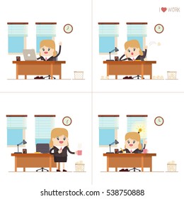 set of cartoon businesswoman enjoyable workday in a workplace in various activity. manager taking breaks to get more ideas