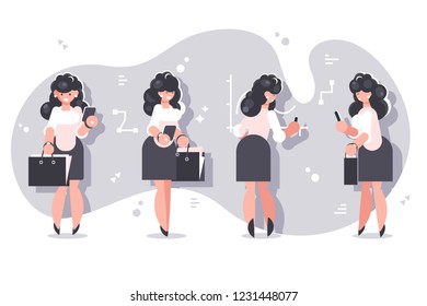 Set of cartoon businesswomen character design. Smiling woman in white blouses and black skirts standing with briefcases on charts background flat style vector illustration. Front back and side view