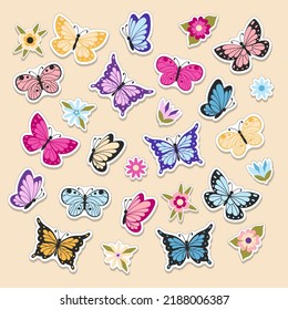 Set Cartoon Butterflies Flowers Sticker Shape Stock Vector (Royalty ...