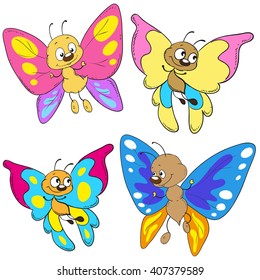 Set of cartoon butterflies. Funny insects.