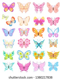 set of cartoon butterflies with light soft colors. vector