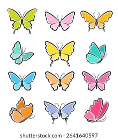 Set of cartoon butterflies, simple lines, various shapes of wings and colors, vector design