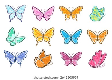 Set of cartoon butterflies, simple lines, decorative patterns, various shapes of wings and colors, vector design