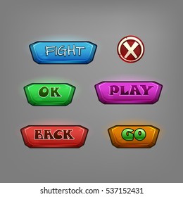 Set of cartoon buttons for game. Elements of interface. Vector illustration.