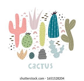 set of cartoon cacti, hand drawing lettering, decor elements. colorful vector illustration, flat style. plants. design for cards, print, poster, logo
