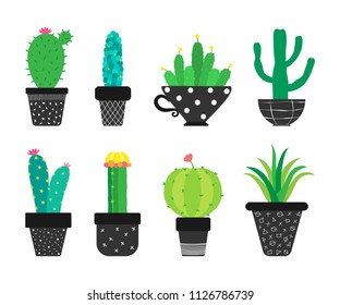 Set of cartoon cacti in the pots. Vector illustration.