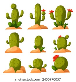 Set of cartoon cactus. Desert plants. Set of blooming cacti in the sand.