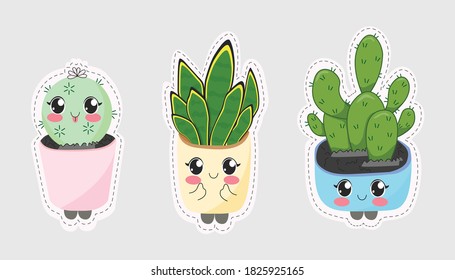 Set cartoon cactus in pots Isolated illustrations - great for stickers, embroidery, badges. Vector graphics.