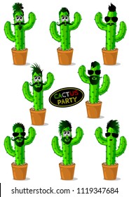 Set of cartoon cactus-hipsters in glasses with different hairstyles. Bearded cacti with muzzles. Vector illustration.