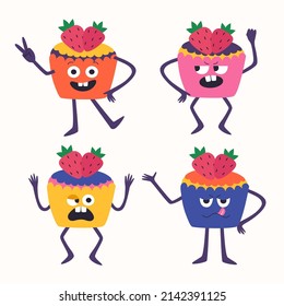 Set of cartoon cakes with different emotions. Vector illustration.