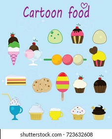 Set of cartoon cakes, pies, ice creams and other desserts. Vector set for bakery shop, cafe, pastry and patisserie or confectionery.