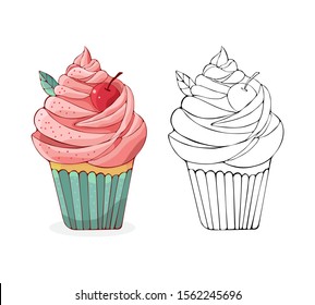 Set cartoon cakes in vector. Hand drawn dessert in vintage style. Cap cake with cream and cherry. Sweet food isolated on white background. Illustration of black line art and colored version. Doodle