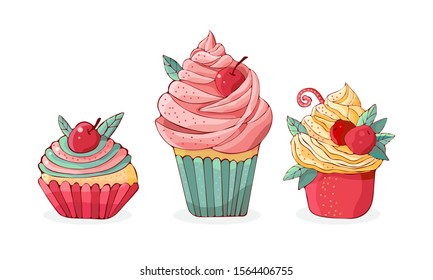 Set cartoon cakes in vector. Hand drawn dessert in vintage style. Cap cake with cream and cherry. Sweet food isolated on white background. Illustration of black line art and colored version. Doodle