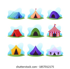 Set of Cartoon Camping and Circus Tents, Colorful Campsite Domes, Houses for Show, Outdoor Recreation and Hiking Adventure. Sport and Travel Touristic Marquees with Ropes, Isolated Vector Icons