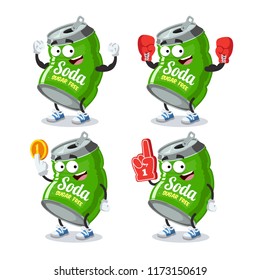 set of cartoon can of sugar free soda character mascot on white background
