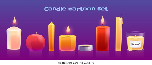 Set of cartoon candles of different shapes, extinct and burning lights in candlestick. Aromatic elements for spa, holidays, new year or christmas cards and romantic date, isolated vector illustration