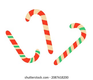 Set of cartoon candy canes. Candy cane with red and green stripes. Vector illustration isolated on white background.