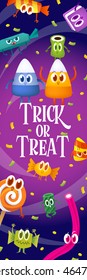 Set cartoon candy for Halloween. Greeting cards with characters.Candy corn, lollipop, sweet, barley sugar, gum, Chocolate