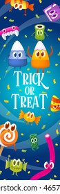 Set cartoon candy for Halloween. Greeting cards with characters.Candy corn, lollipop, sweet, barley sugar, gum, Chocolate 