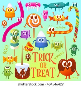 Set cartoon candy for Halloween. Greeting cards with characters.Candy corn, lollipop, sweet, barley sugar, gum, Chocolate 