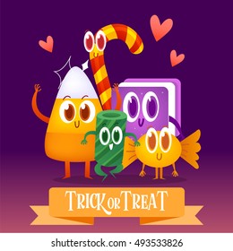 Set cartoon candy for Halloween. Greeting cards with characters.Candy corn, lollipop, sweet, barley sugar, gum, chocolate.  Illustration with funny characters. 