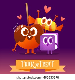 Set cartoon candy for Halloween. Greeting cards with characters.Candy corn, lollipop, sweet, barley sugar, gum, chocolate.  Illustration with funny characters. 