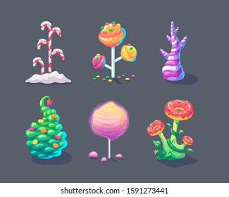 Set of cartoon candy plants on isolated background. Fantasy bright sweet trees for game design. Vector illustration.