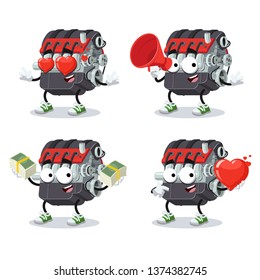 set of cartoon car internal combustion engine character mascot on white background