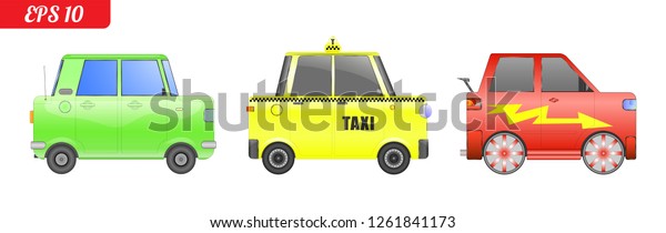 Set of cartoon car, vector illustration. Happy cute
car. Taxi, racing and retro vintage fun car. Isolated sedan on
white background. Set of car template for branding and advertising.
Vector EPS 10