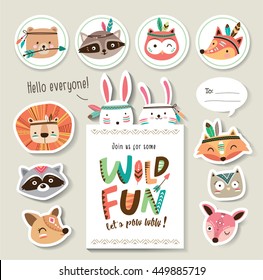 Set of cartoon card and sticker with woodland animals