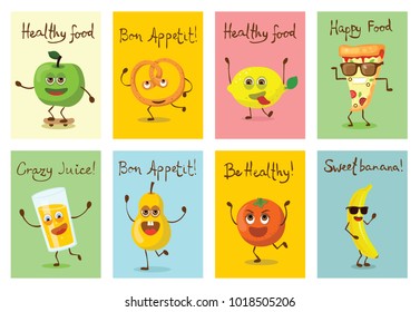 Set of cartoon cards with funny food characters vector illustrations with emotions, includes fast and healthy food