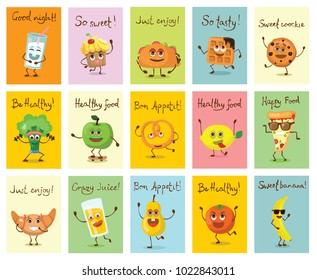 Set of cartoon cards with funny food characters vector illustrations with emotions, includes fast and healthy food