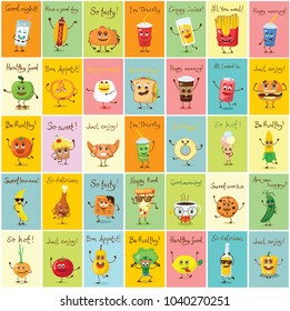 Set of cartoon cards with funny food characters vector illustrations with emotions, includes fast and healthy food