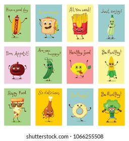 Set of cartoon cards with funny food characters vector illustrations with emotions, includes fast and healthy food